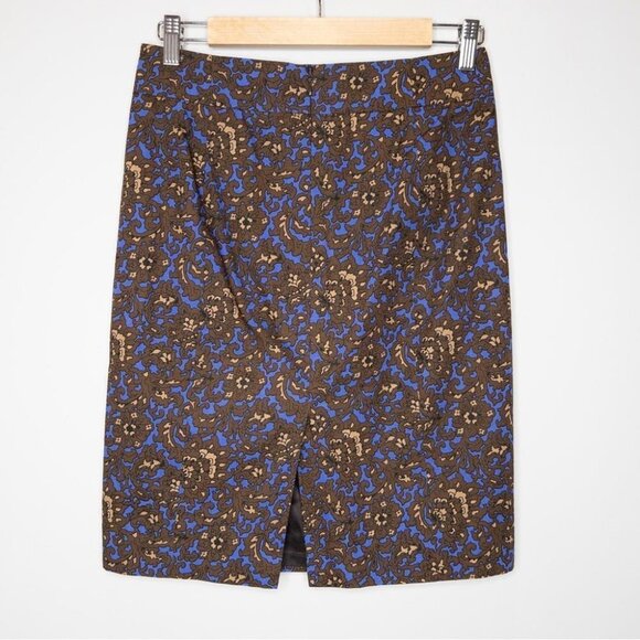 J Crew Womens Size 2 Pencil Skirt Blue Brown Print Cotton Slit Mini Wear to Work - Picture 2 of 8